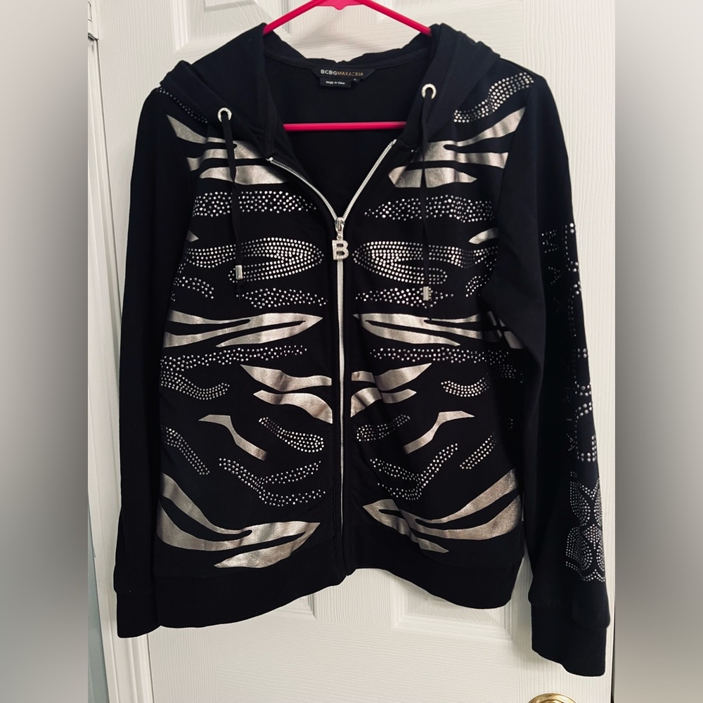 BCBG MaxAzria Designer Black and Silver Hoodie - Size L
